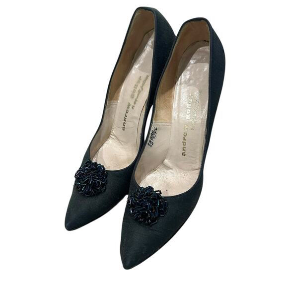 Vintage Andrew Geller Midnight Blue Satin Pumps Pointy Toe Heels / 8 Narrow - - Picture 2 of 4